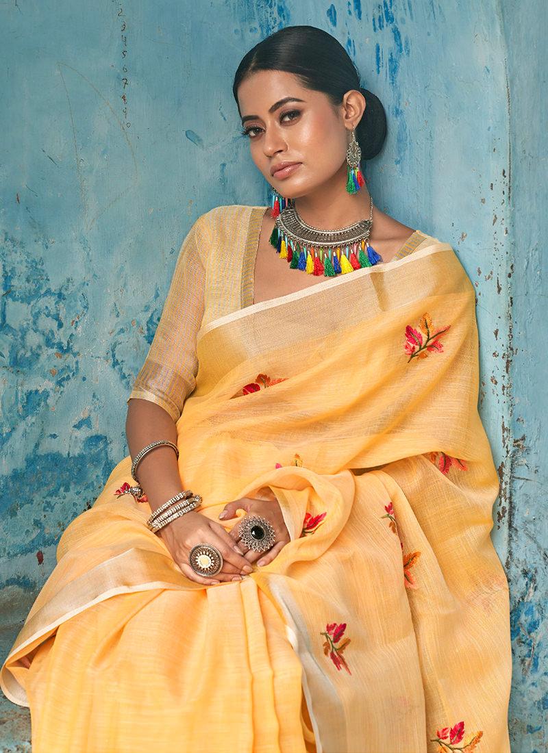 Yellow Linen Saree With Elbow Sleeves Blouse Free Shipping Fast Delivery