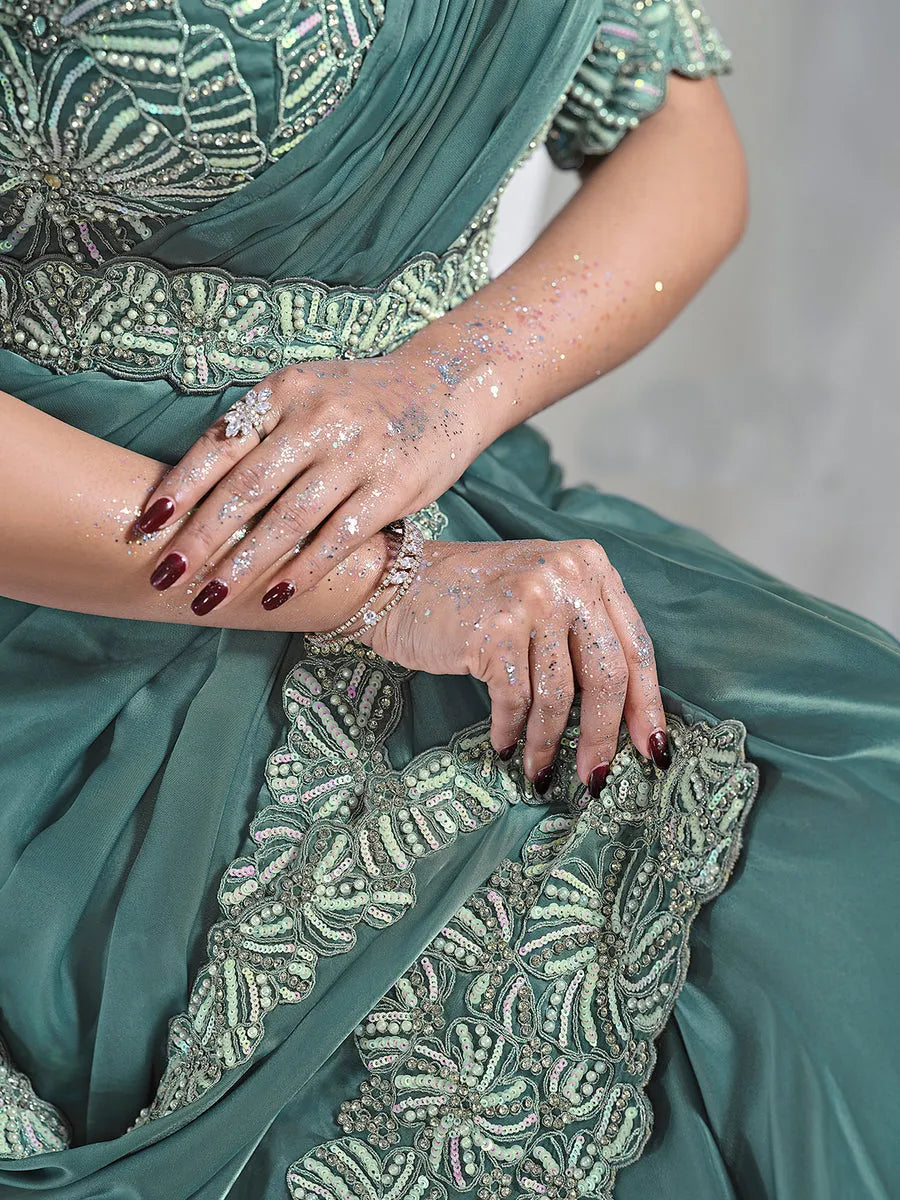 Amazing Aqua Blue Ready To Wear Crepe Satin Silk Saree Perfect Sale Online