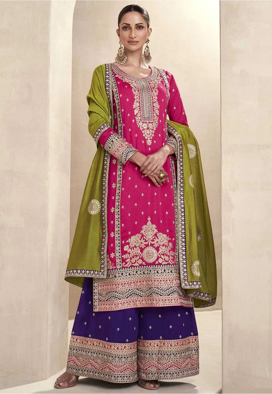 Stunning Pink-Purple Vichitra Silk Embroidered Palazzo Suit Get To Buy