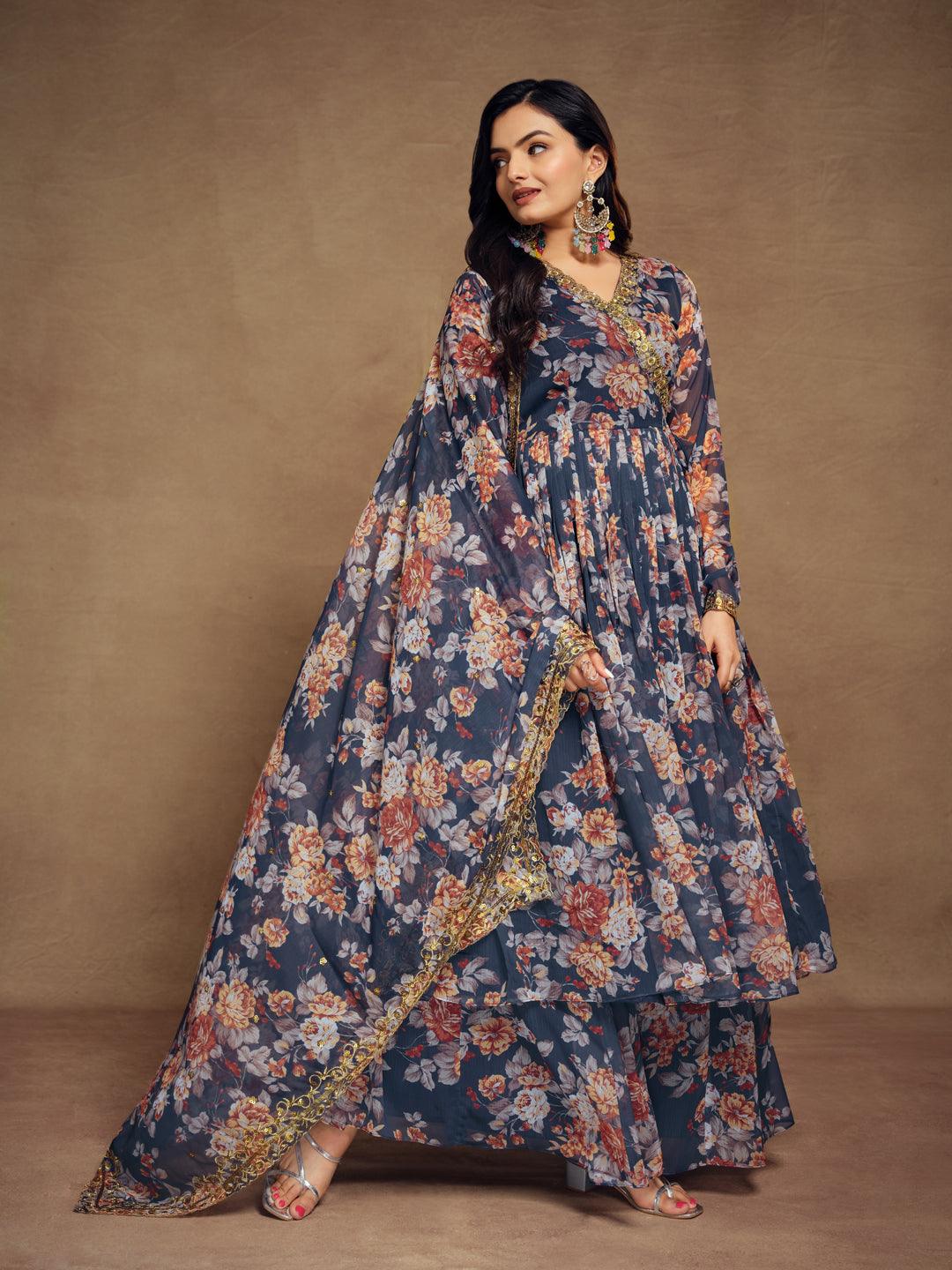 Navy blue chiffon angrakha palazzo suit with dupatta Discount Authentic