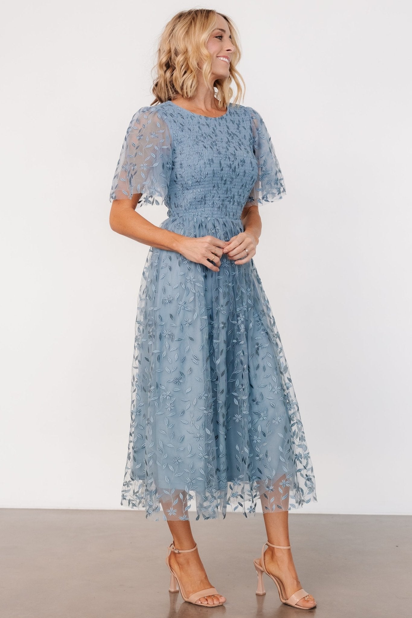 Kendra Embroidered Dress | Dusty Blue Deals Cheap Pice