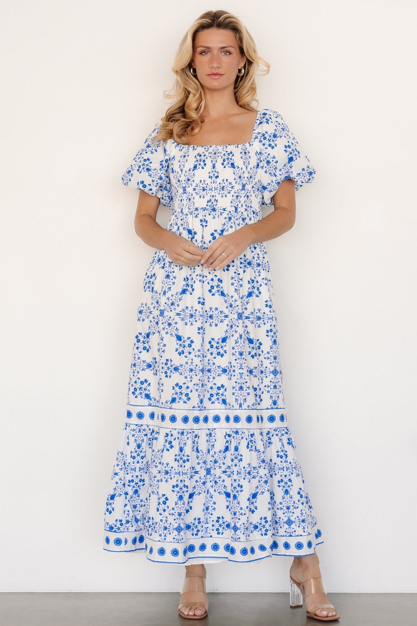 Lexa Smocked Maxi Dress | Off White + Blue Floral Clearance Outlet
