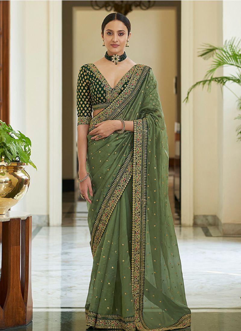 Glamorous Green Colored Pure Organza Silk Base Saree With Blouse Piece Buy Authentic Online