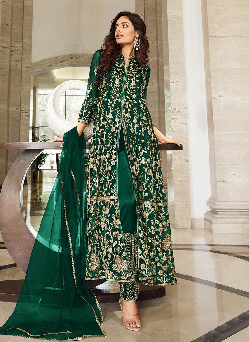 Embroidered Net Base Green Slit Cut Suit Discount Authentic Online