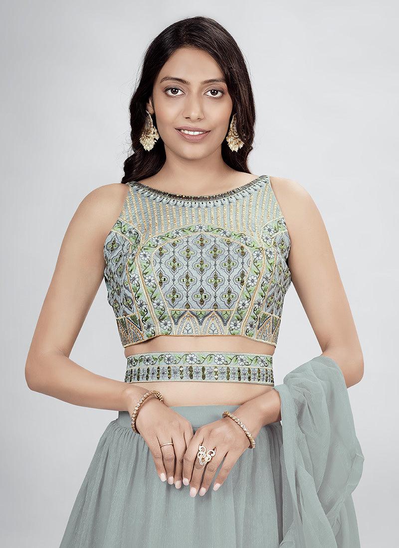 Sleeveless Hand Work Grey Crop Top Lehenga Sast Cheap Pice