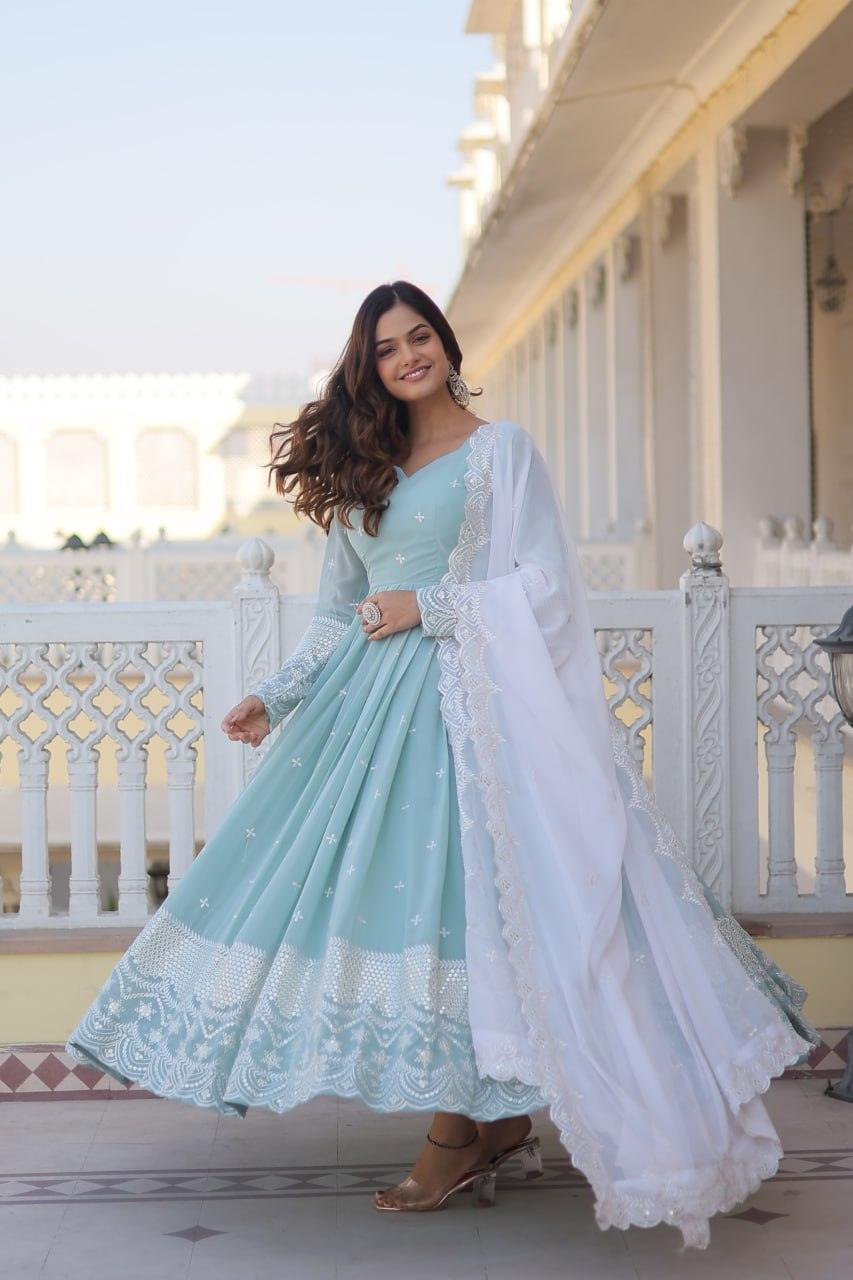 Sky Blue Faux Georgette Thread Sequins Embroidered Gown Cheap Sale Latest Collections