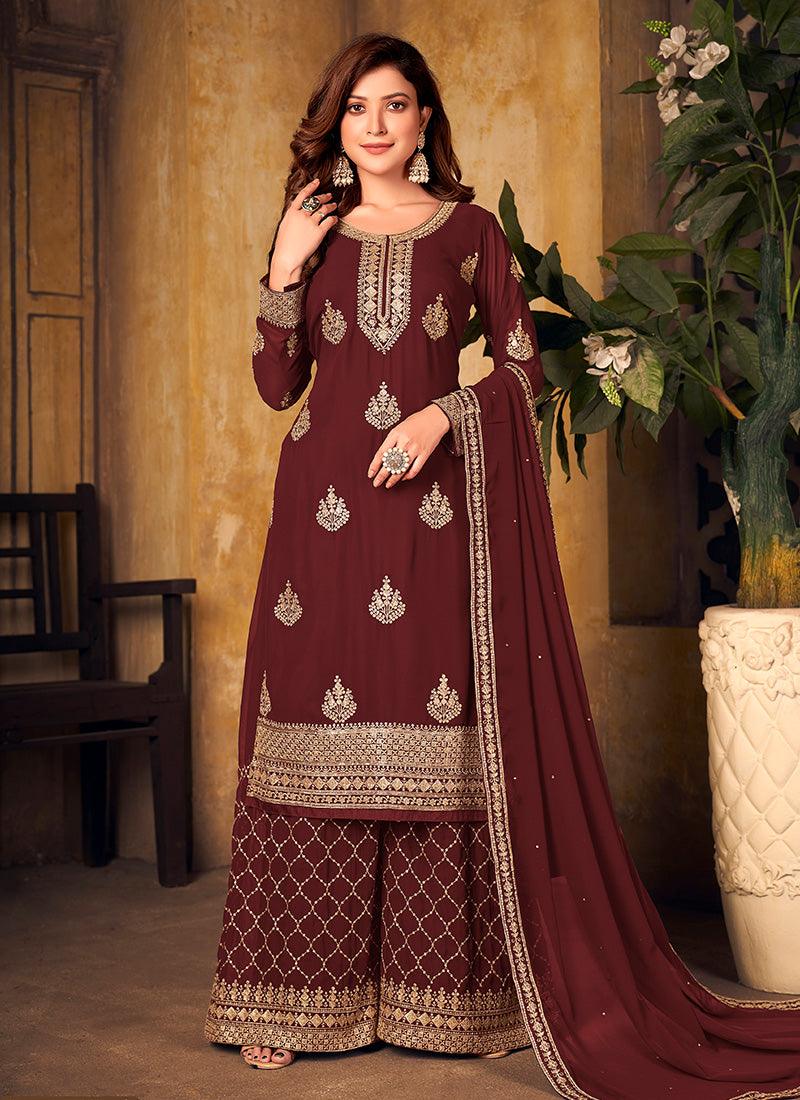 Georgette Base Maroon Color Embroidered Palazzo Suit With Sequins Work Sale Professional