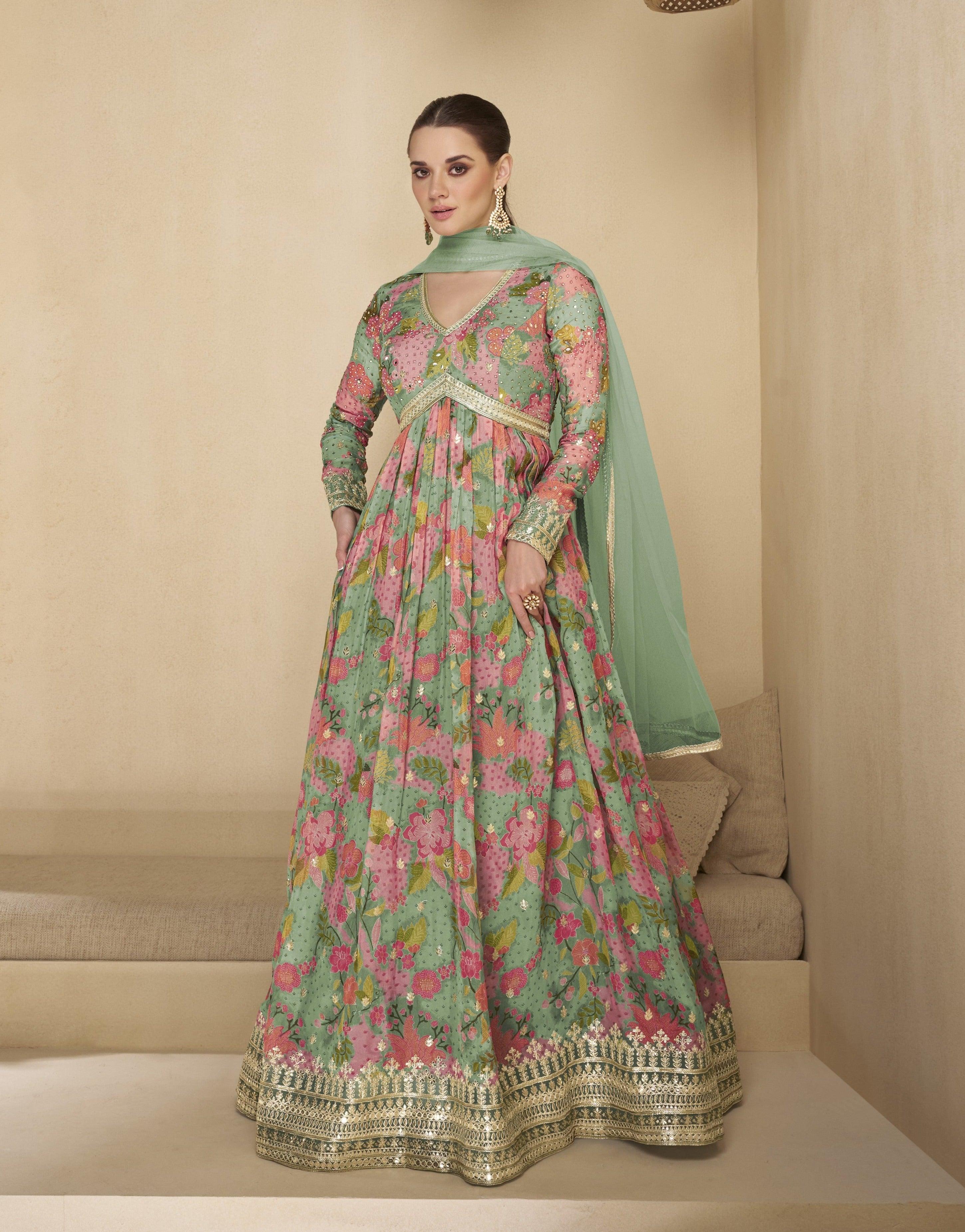 Green Pink Pure Georgette Festive Wear Designer Gown Shop Offer