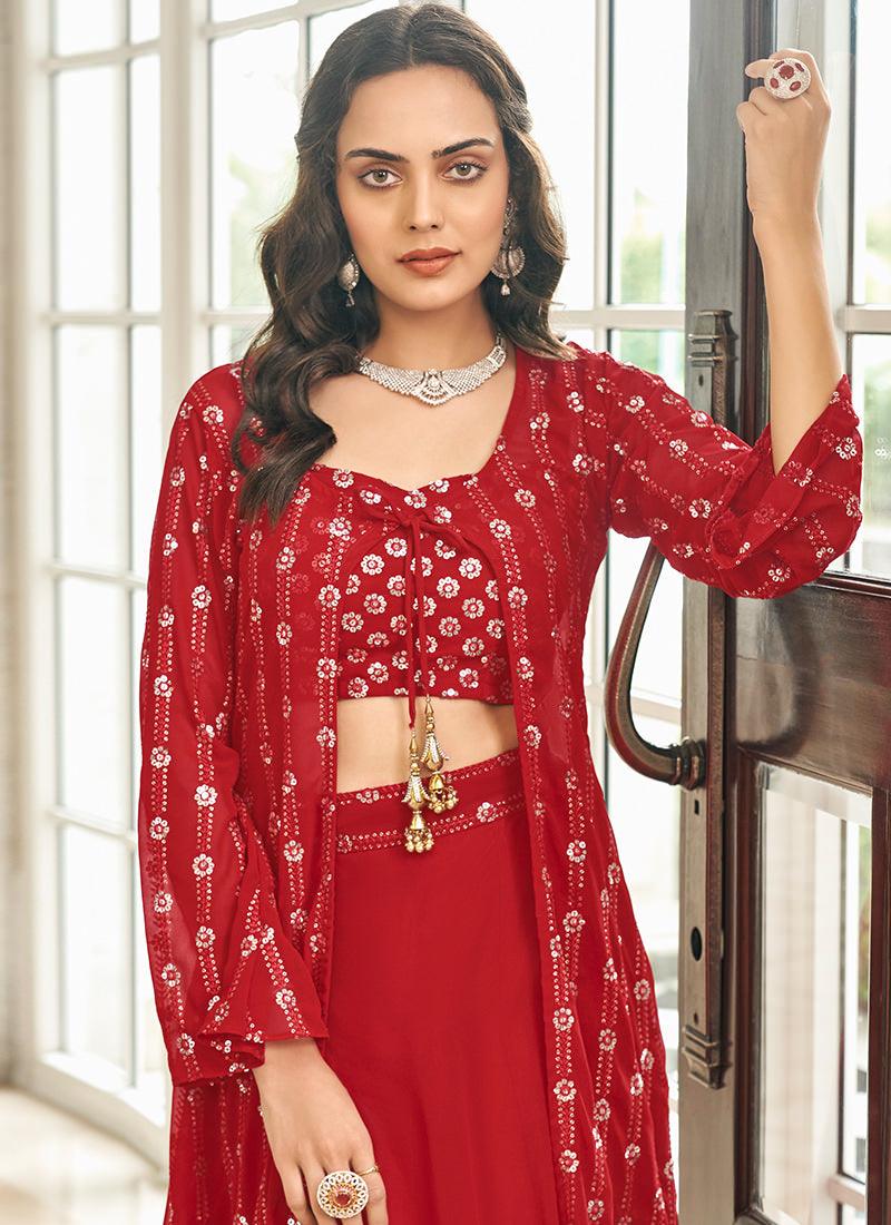 Red Color Jacket Style Party Wear Lehenga Choli Marketable