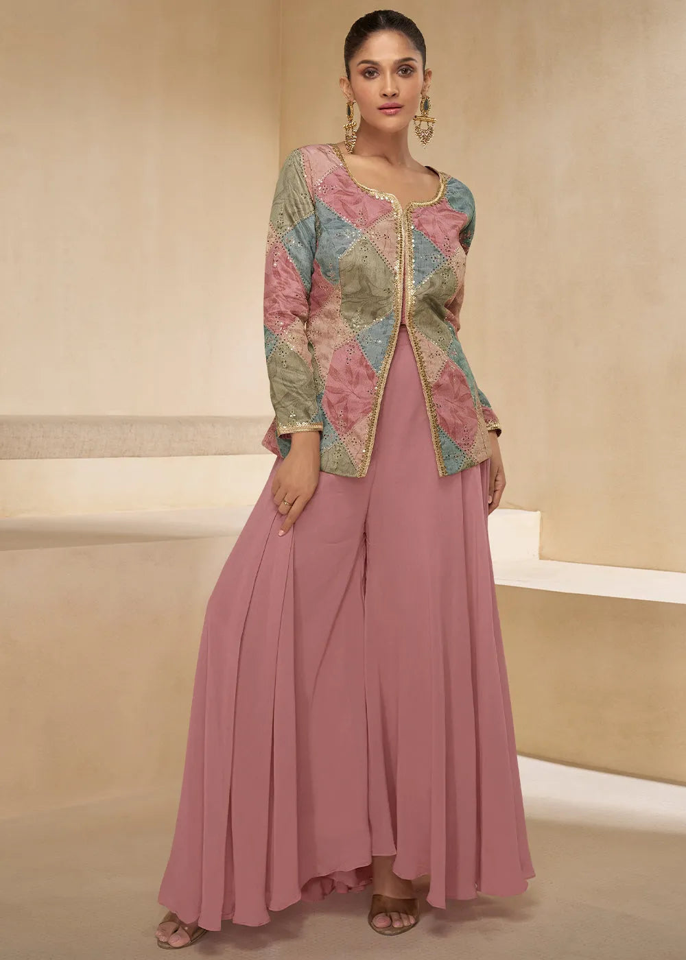 Orchid Pink Pure Georgette Floral Embroidered Designer Top Palazzo Suit Online Online For Sale