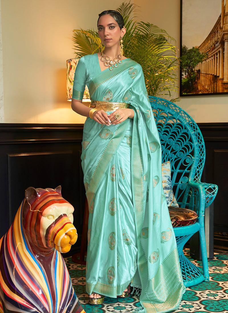 Classic Wear Silk Weave Turquoise Saree Purchase Cheap Pice