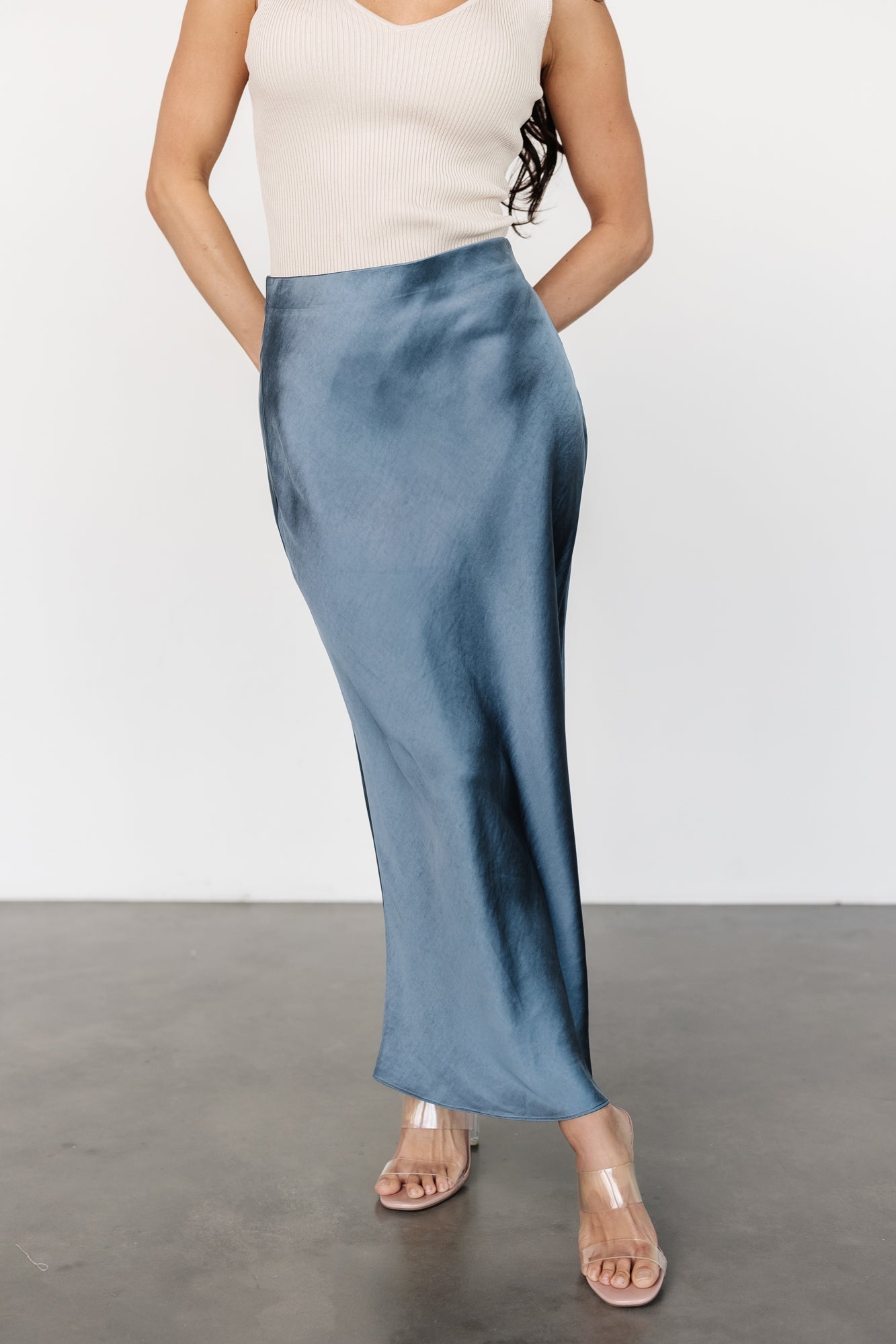 Celeste Satin Midi Skirt | Steel Blue Outlet Store Online