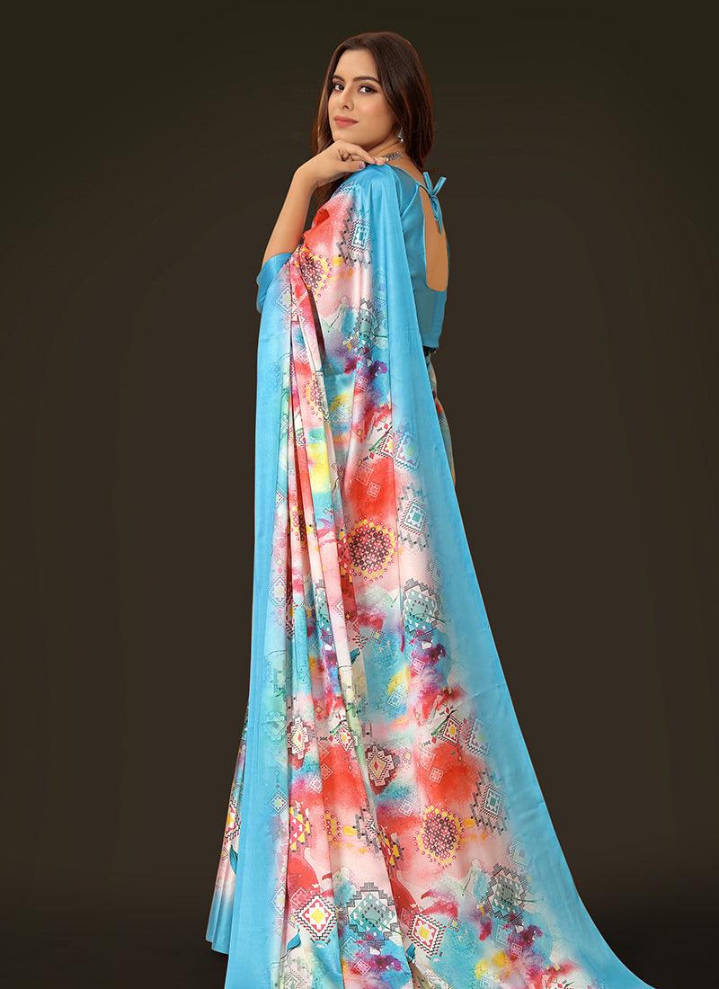 Sky Blue Color Half Sleeves Satin Saree Cheap Online