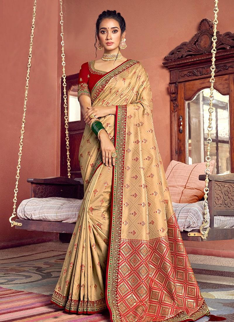 Enthusiastic Double Blouse Concept Embroidery Work Beige Color Saree Order