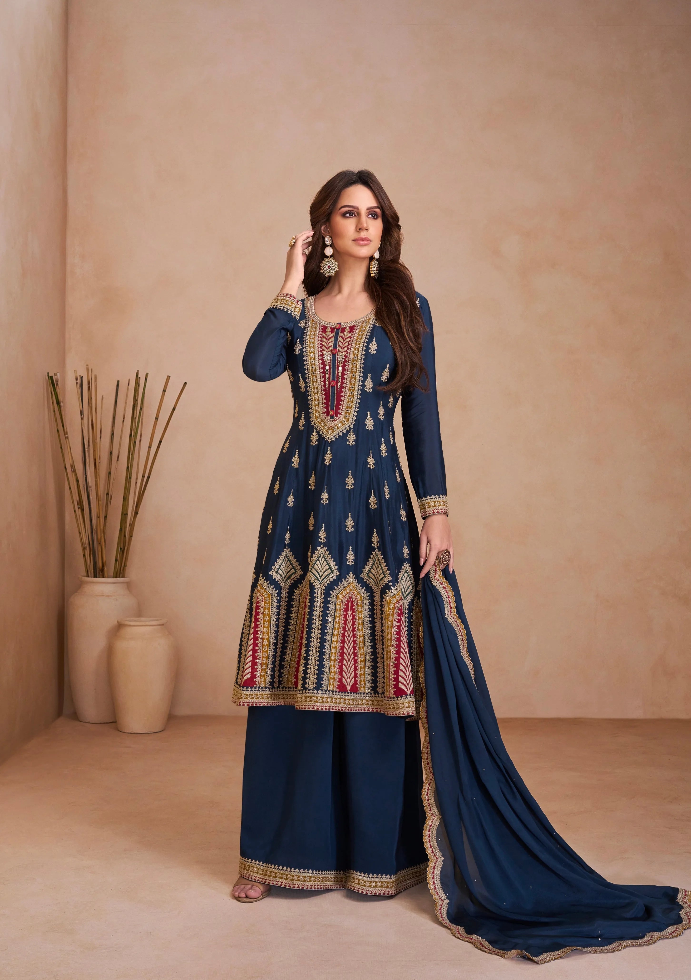 Blazing Navy Blue Embroidered Chinon Palazzo Set Discount Latest