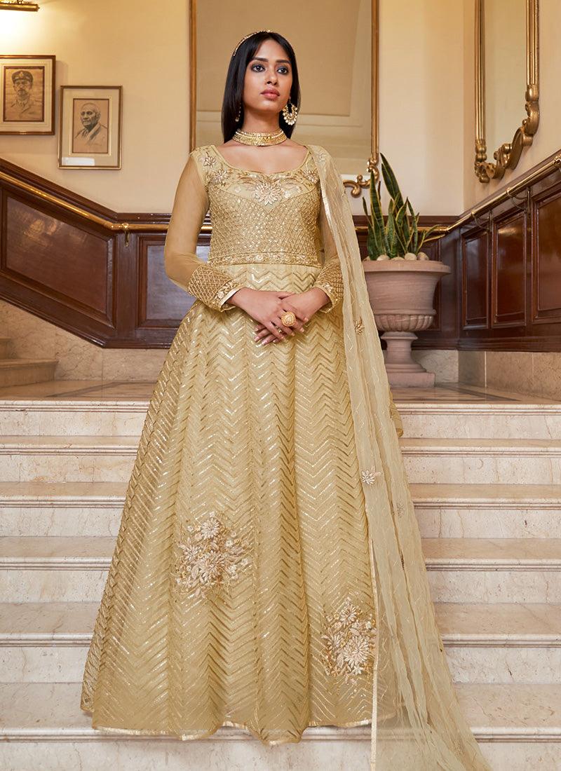 Soft Net Fabric Beige Color Full Sleeves Gown With Dori Work Sast