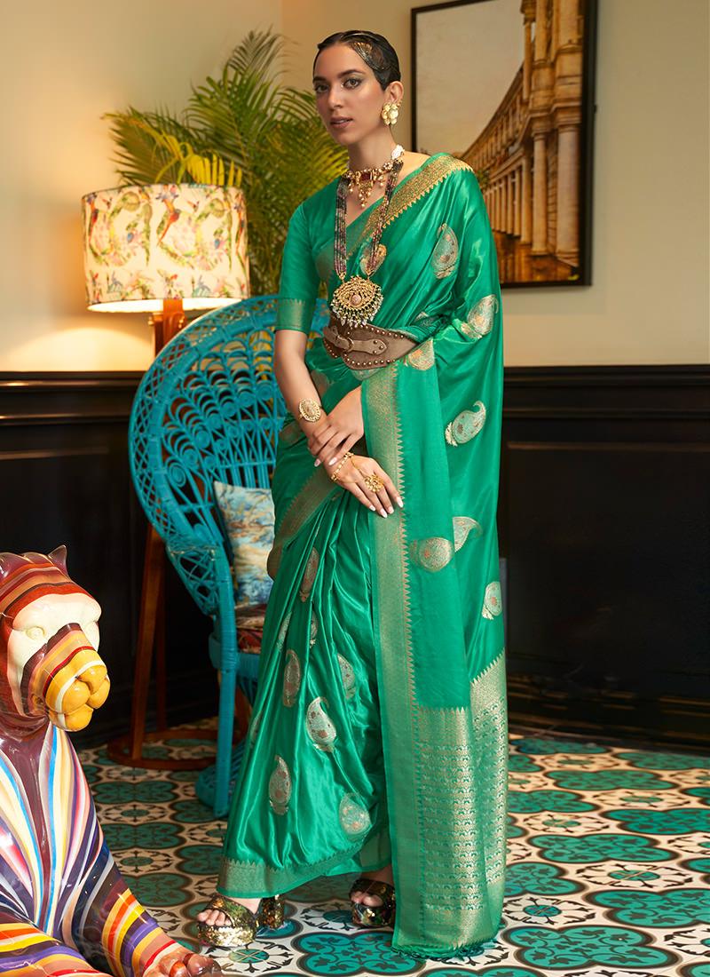 Classic Wear Silk Weave Green Saree Official Sale Online