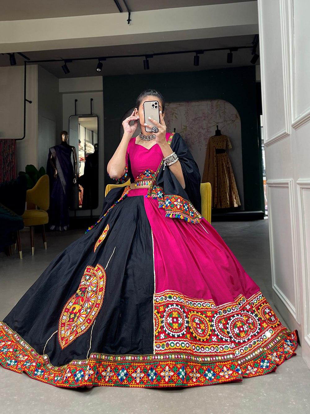 Black Pink Pure Cotton Gamthi Lace Border Worked Lehenga Choli Set Collections Online