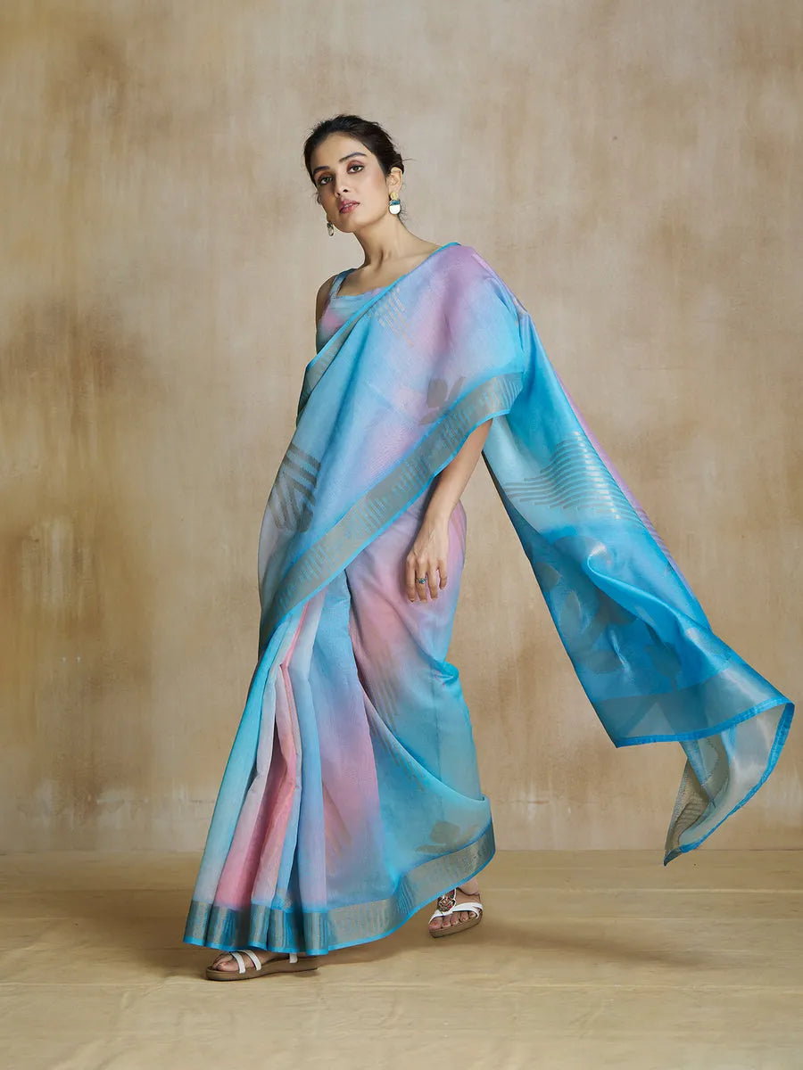 Splendiferous Sky Blue Silk Digital Printed Fancy Saree Brand New Unisex