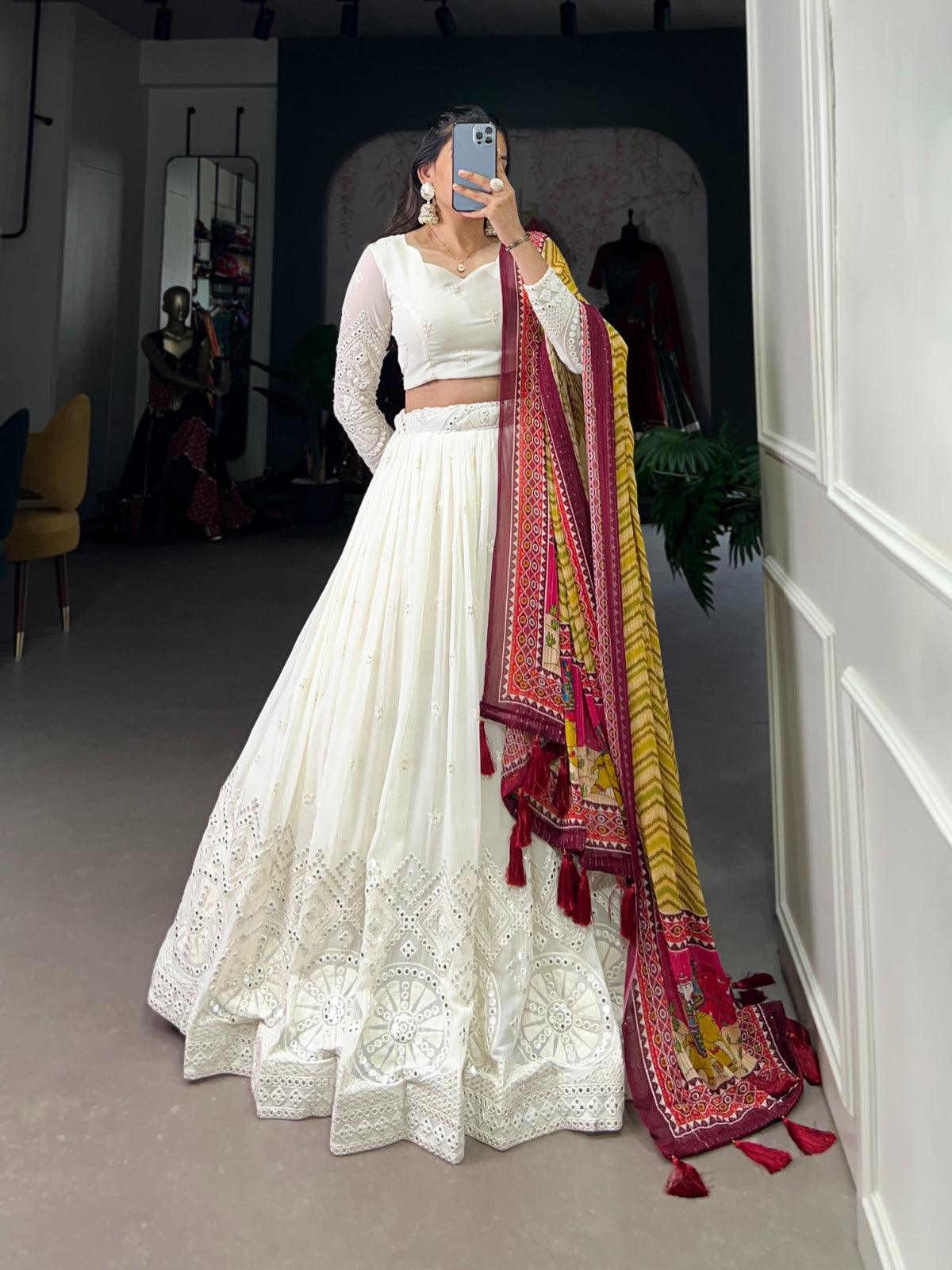 White Georgette Lucknowi Foil Mirror Worked Lehenga Choli Free Shipping Manchester Great Sale