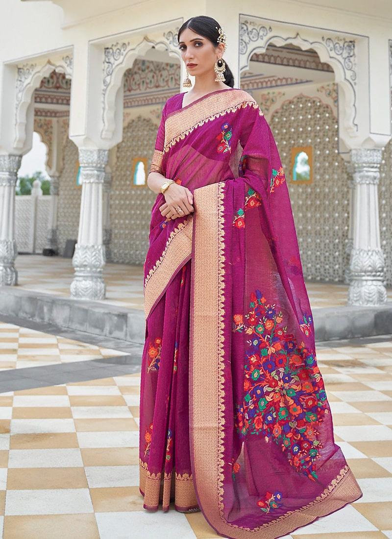 Stunning Look Magenta Pink Color Linen Fabric Silk Weave Embroidered Saree Free Shipping Best Store To Get