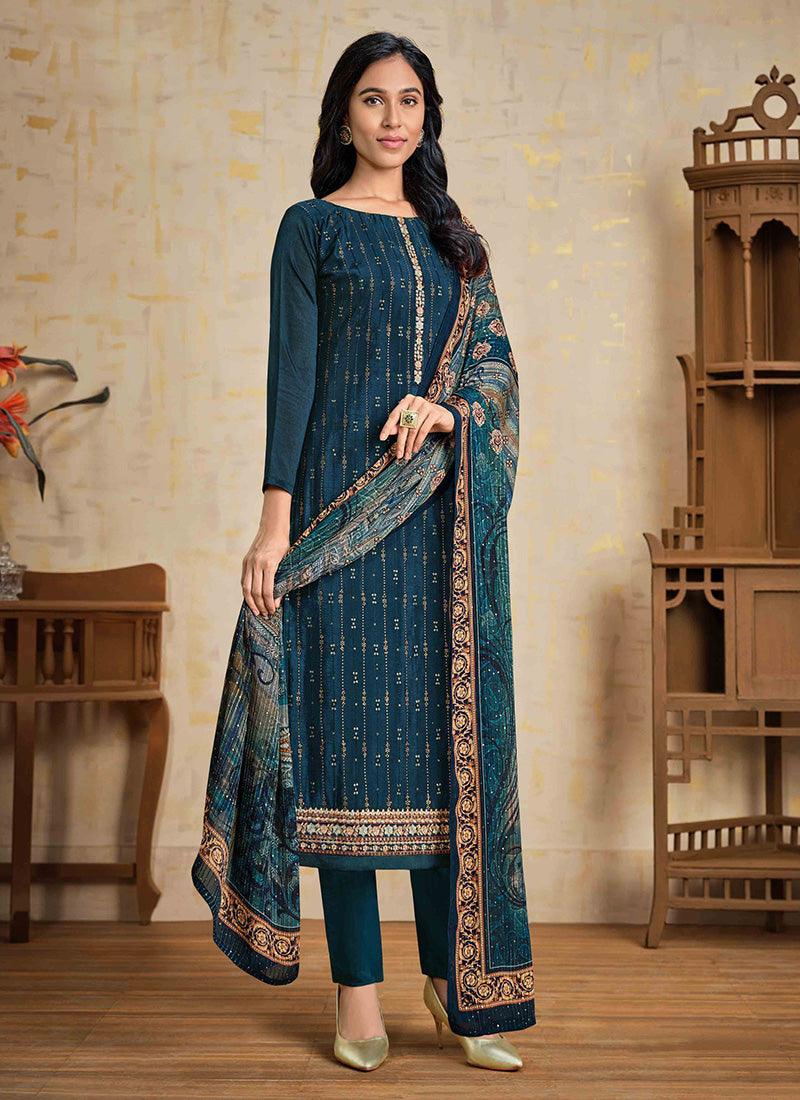 Chinnon Base Teal Blue Color Salwar Suit With Swarovski Work For Nice Cheap Online