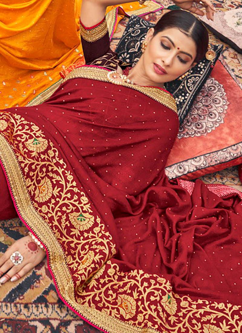 Maroon Embroidered Traditional Saree Fast Delivery Online