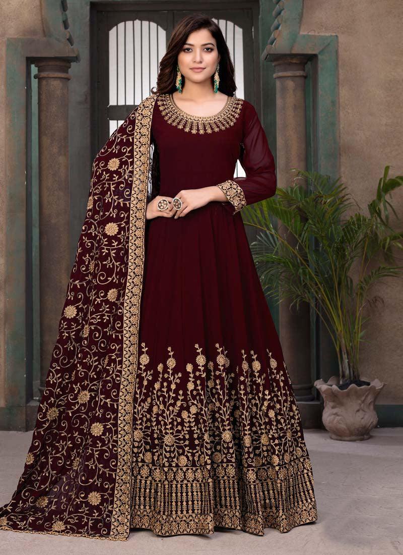 Maroon Color Stone Work Georgette Base Designer Gown With Dupatta Free Shipping Supply