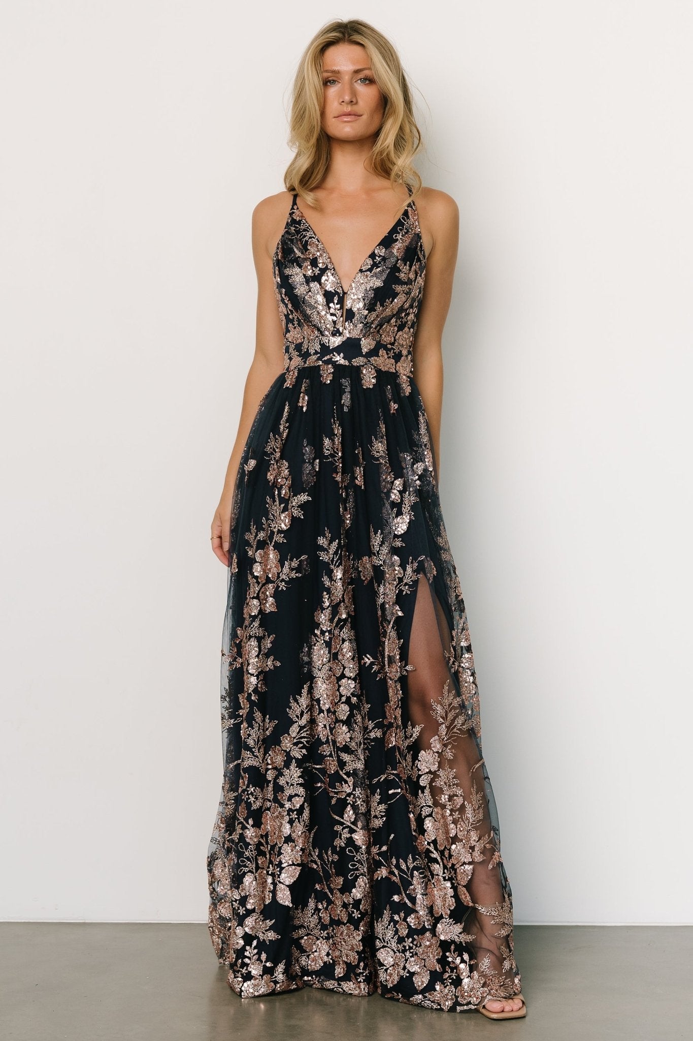 Lucienne Shimmer Maxi Gown | Navy + Rose Gold Clearance Fake