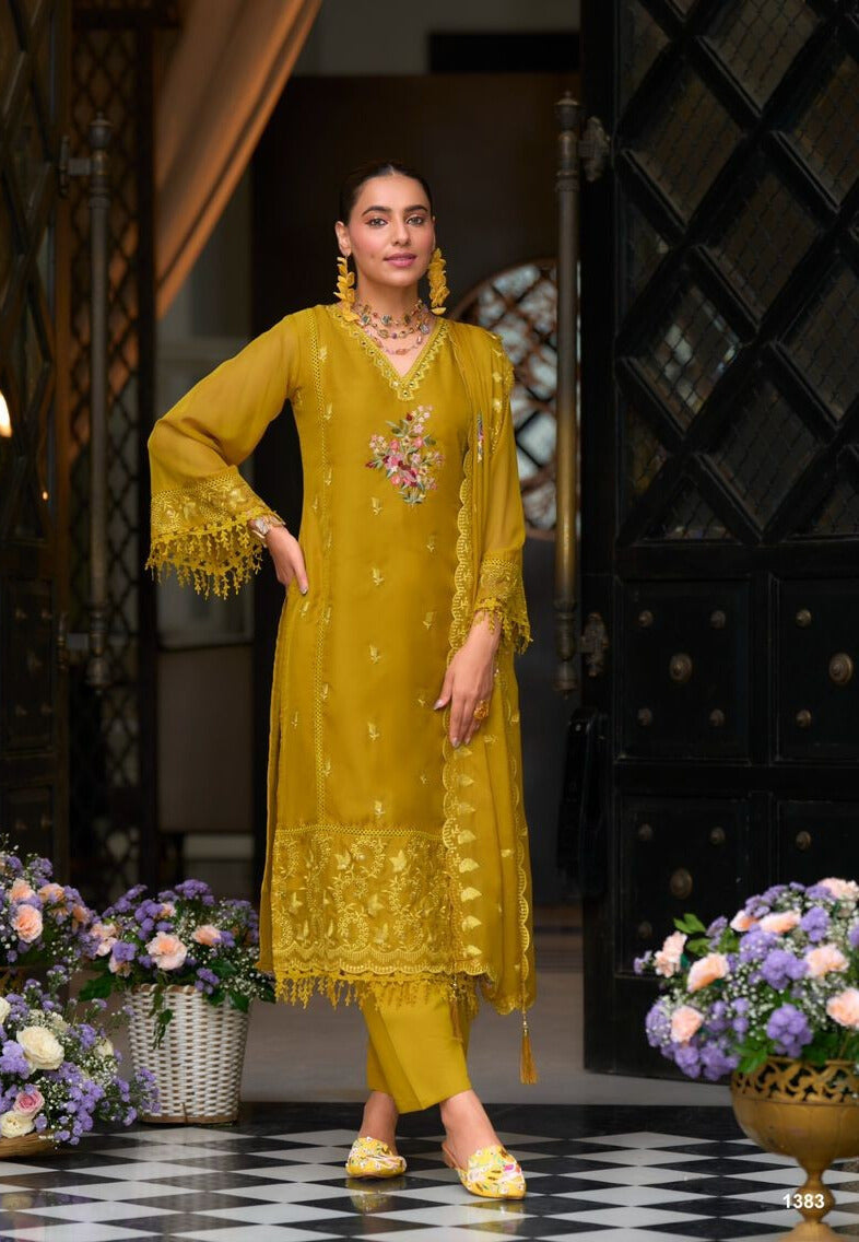 Stunning  Mustard Organza Embroidered Salwar Suit Recommend Cheap Pice