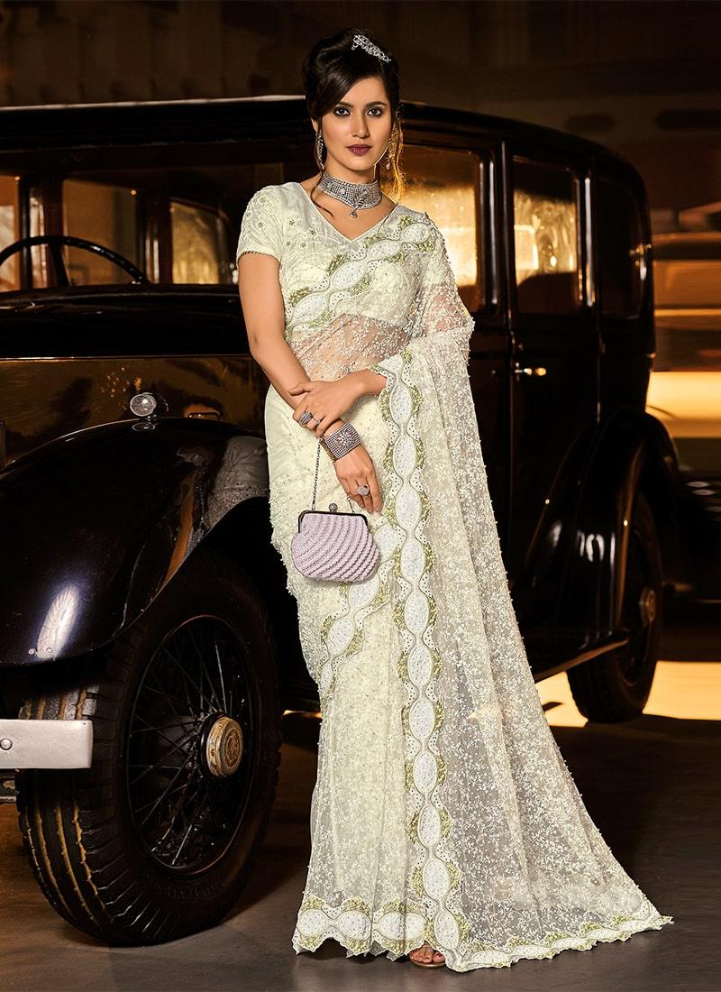 Off-White Color Soft Net Fabric Stone And Resham Work Saree Sale Online Shop