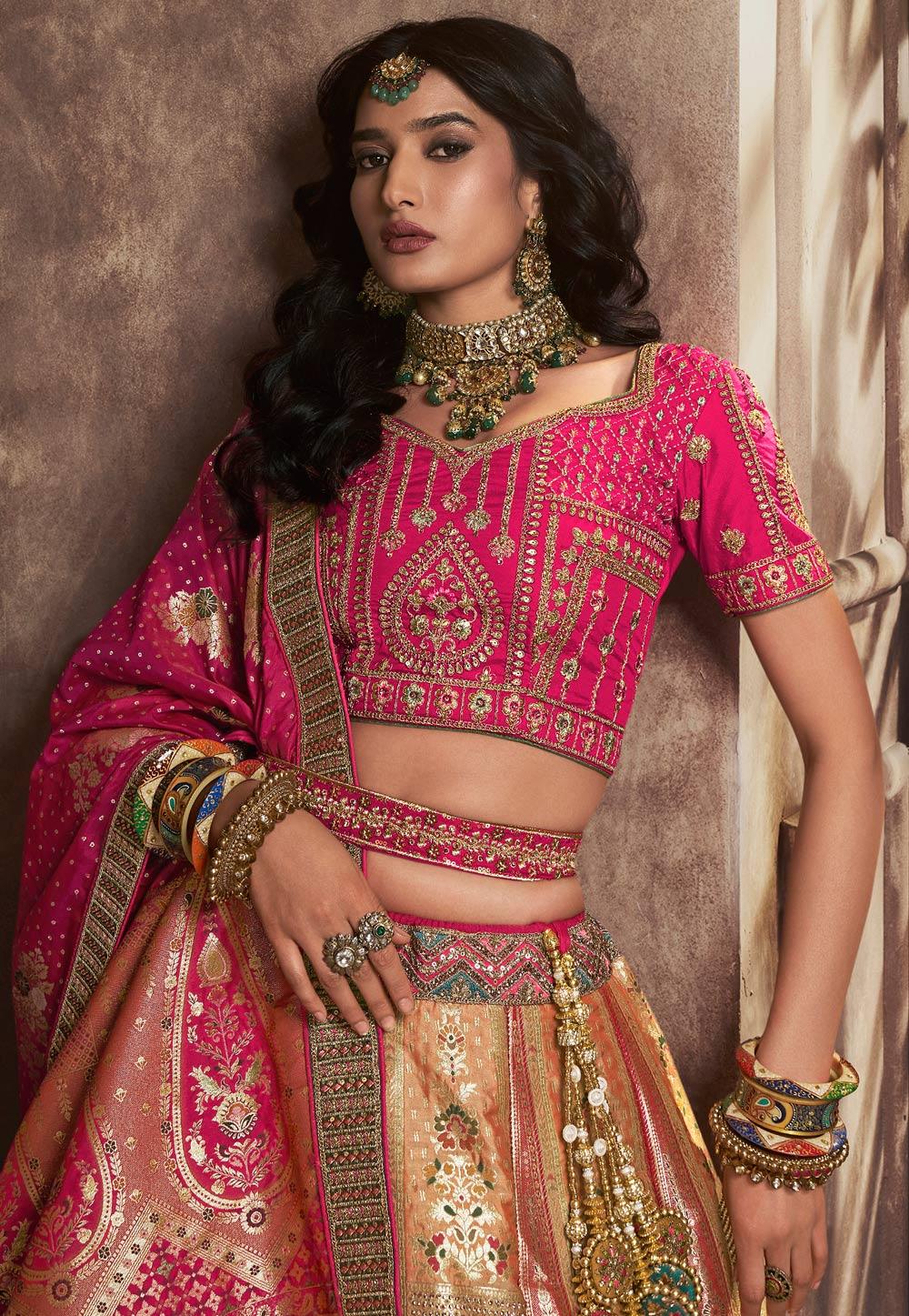 Beige Pink Banarasi Silk Sequins Embroidered Wedding Lehenga Choli Set Outlet Big Discount