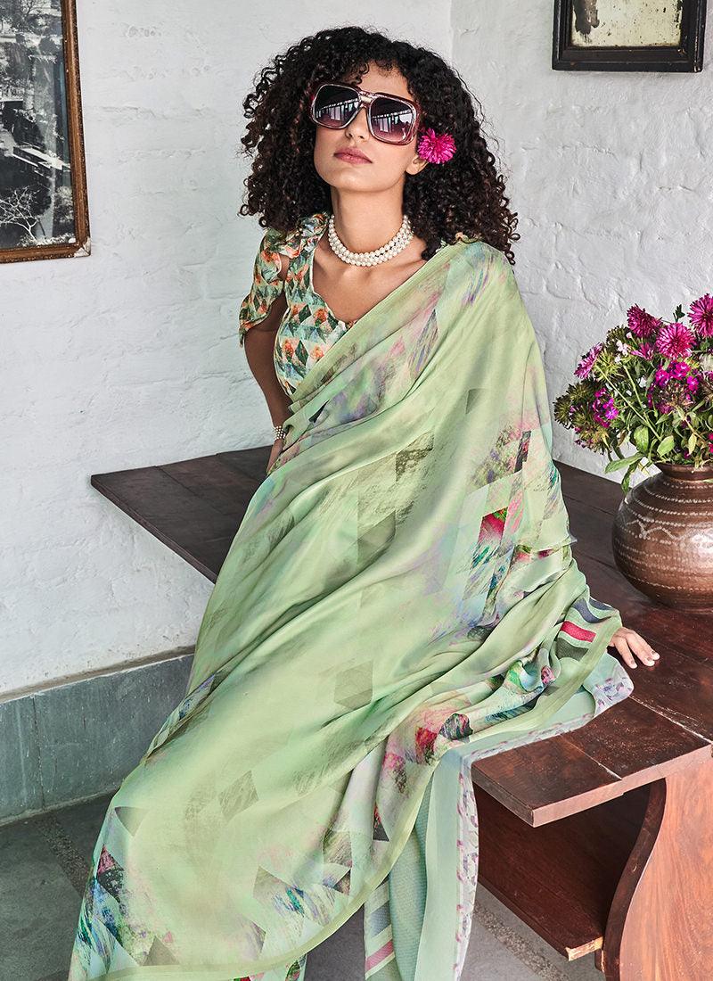 Light Green Printed Saree With Fancy Blouse 2025 Sale Online