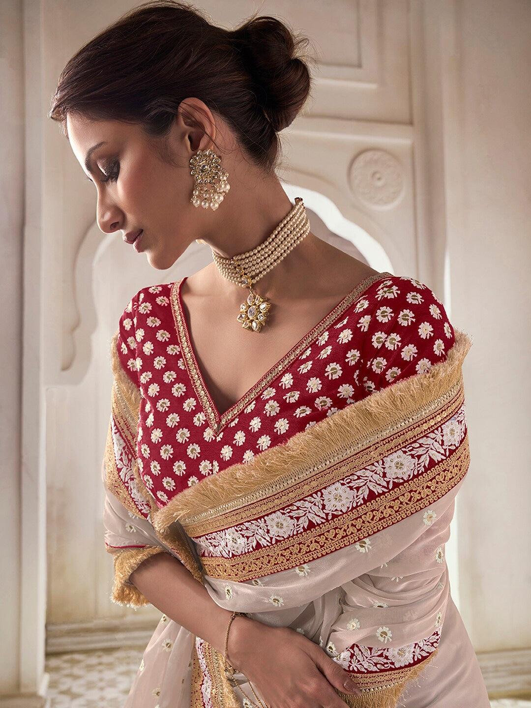 Beige color Organza Embroidered  Classic Saree Buy Online