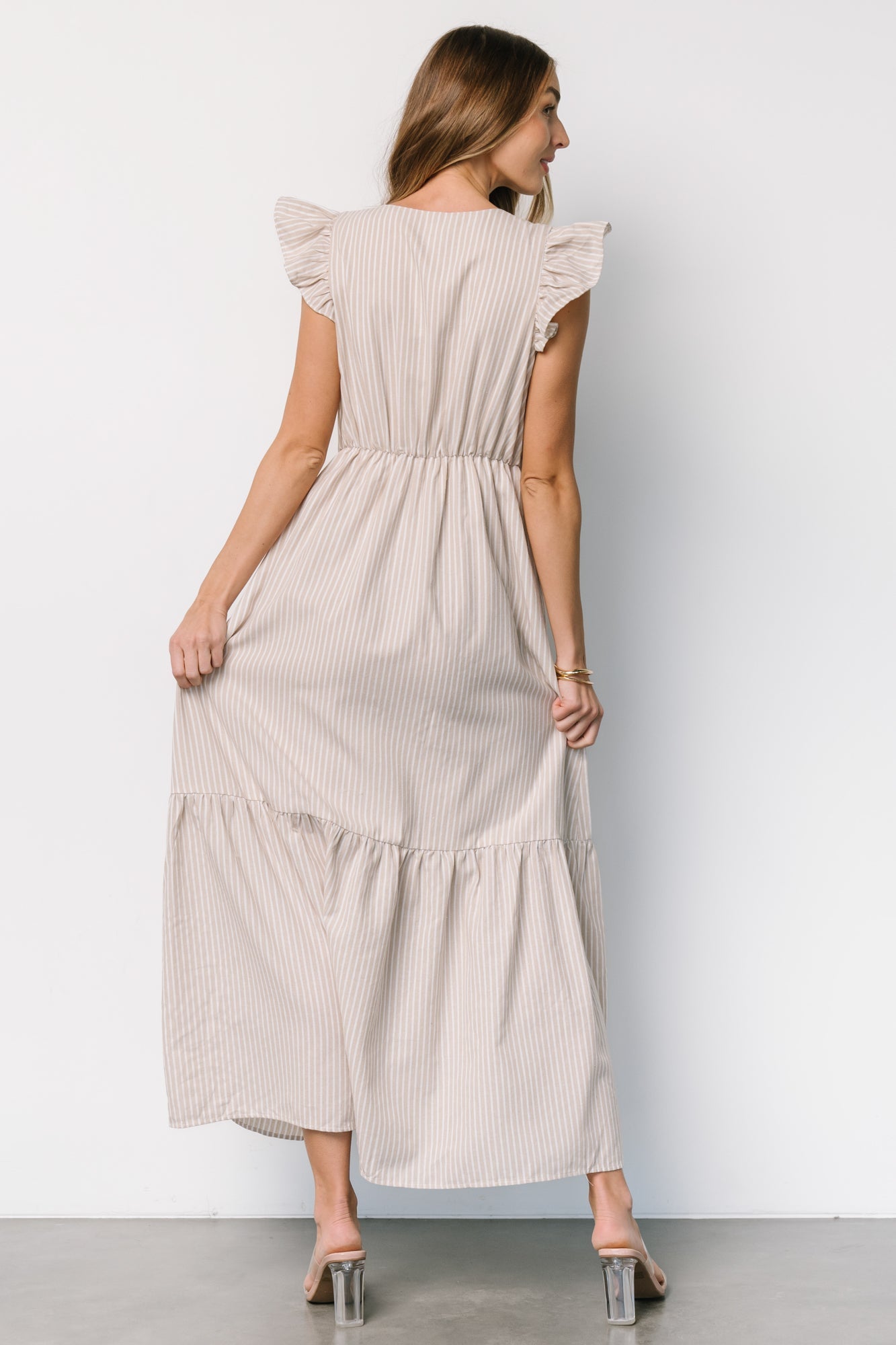 Hettie Button Maxi Dress | Beige Stripe Cheap Good Selling