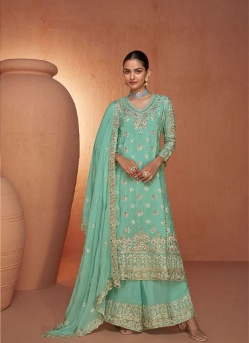 Stunning Heavy Embroidered Chinon palazzo suit in Sea Green Low Pice Fee Shipping For Sale