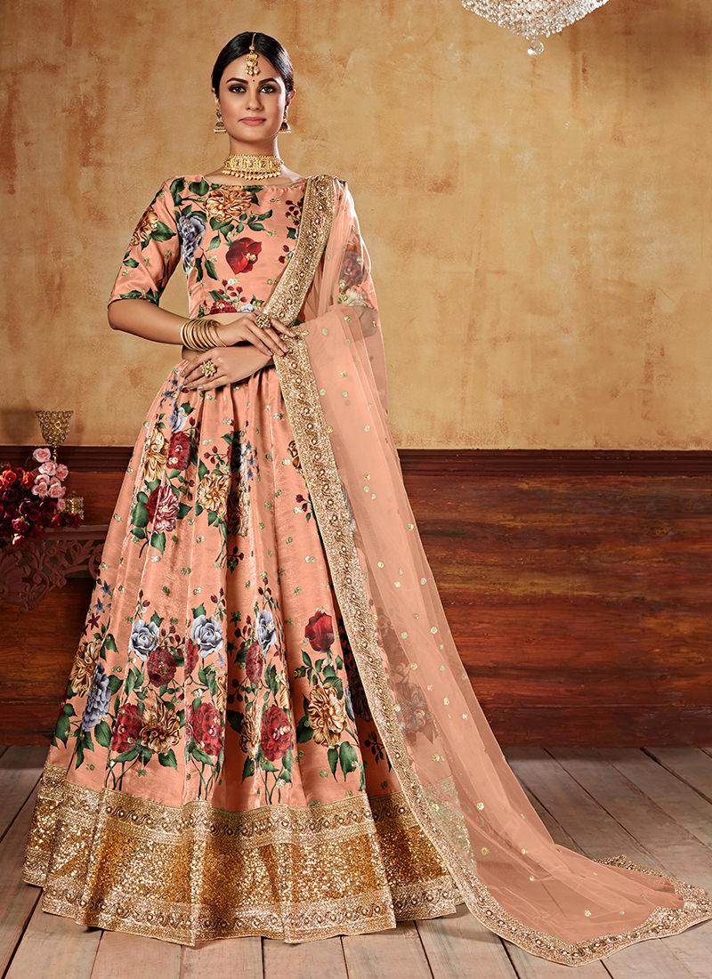 Heavy Sequins Digital Printed Orange Floral Lehenga Store Sale Online