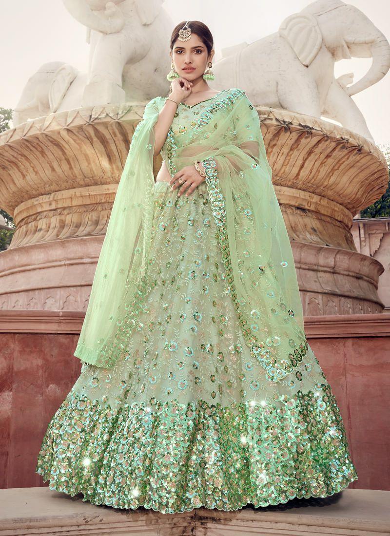 Elegant Green Color Soft Net Base Lehenga Choli With Sequins Work Cheap Visit