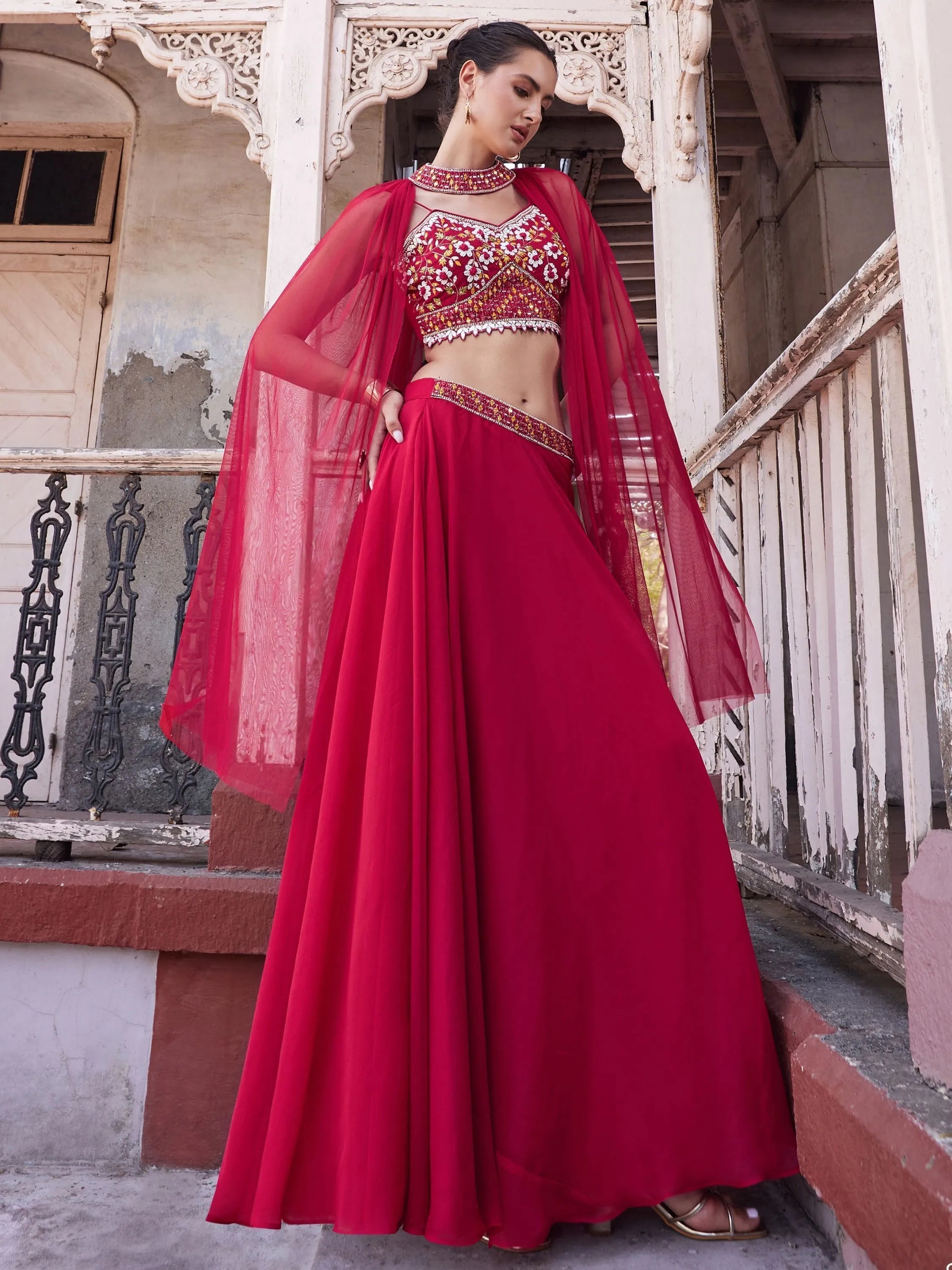 Stylish Red Floral Palazzo Suit with Embroidered Designer Top For Sale Free Shipping