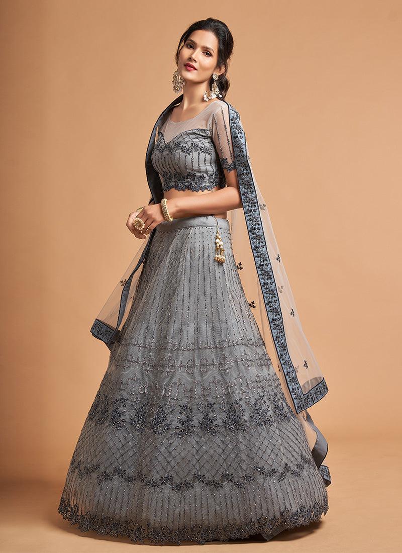 Grey Color Soft Net Embroidered Lehenga Choli With Thread Work Outlet Where Can You Find