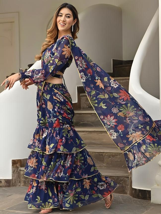 Navy blue printed ready-to-wear ruffle saree with belt Sale Best Sale