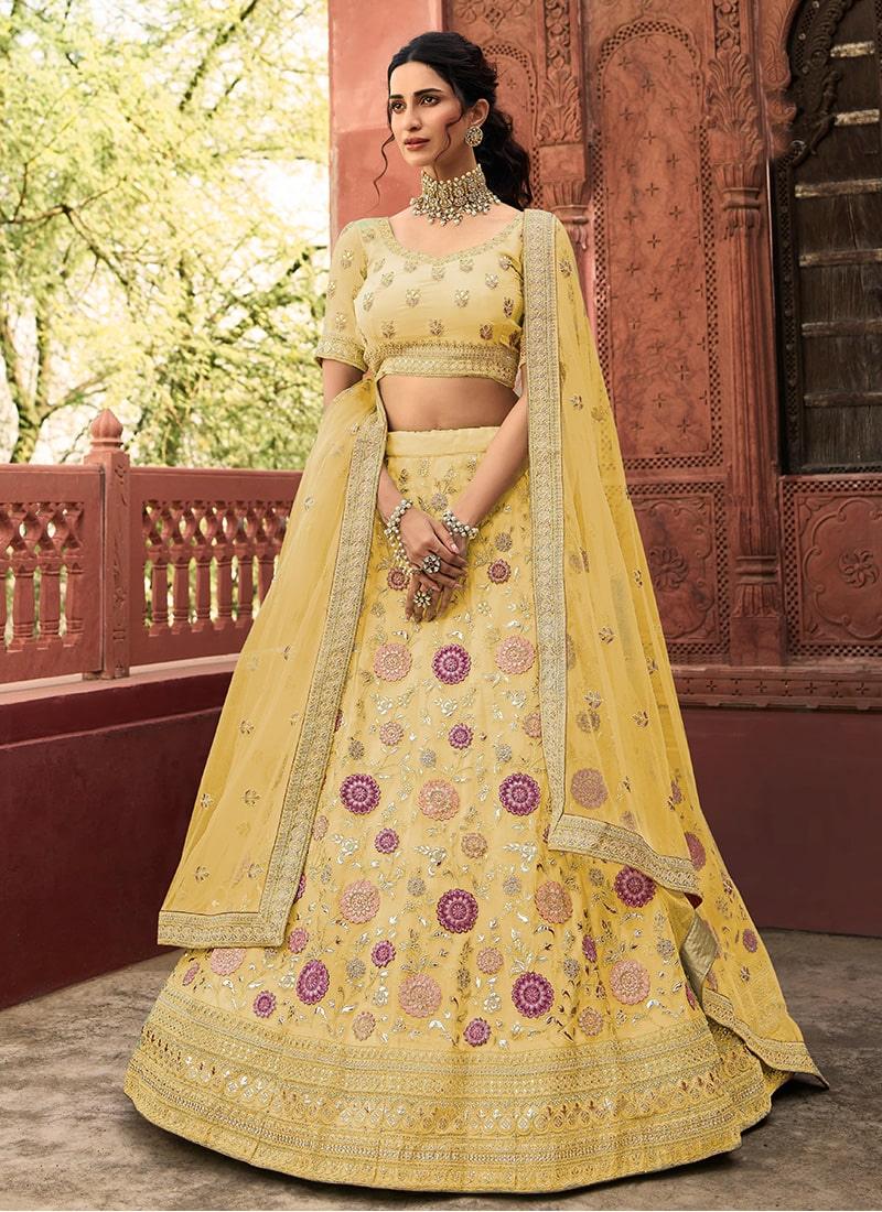 Yellow Color Organza Base Stone Work Ethnic Wear Lehenga Fake Cheap Online