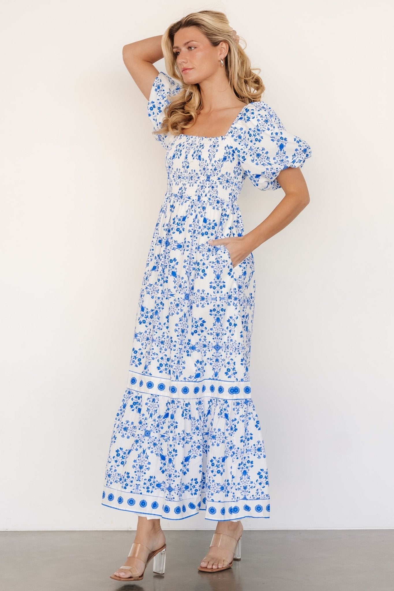 Lexa Smocked Maxi Dress | Off White + Blue Floral Clearance Outlet