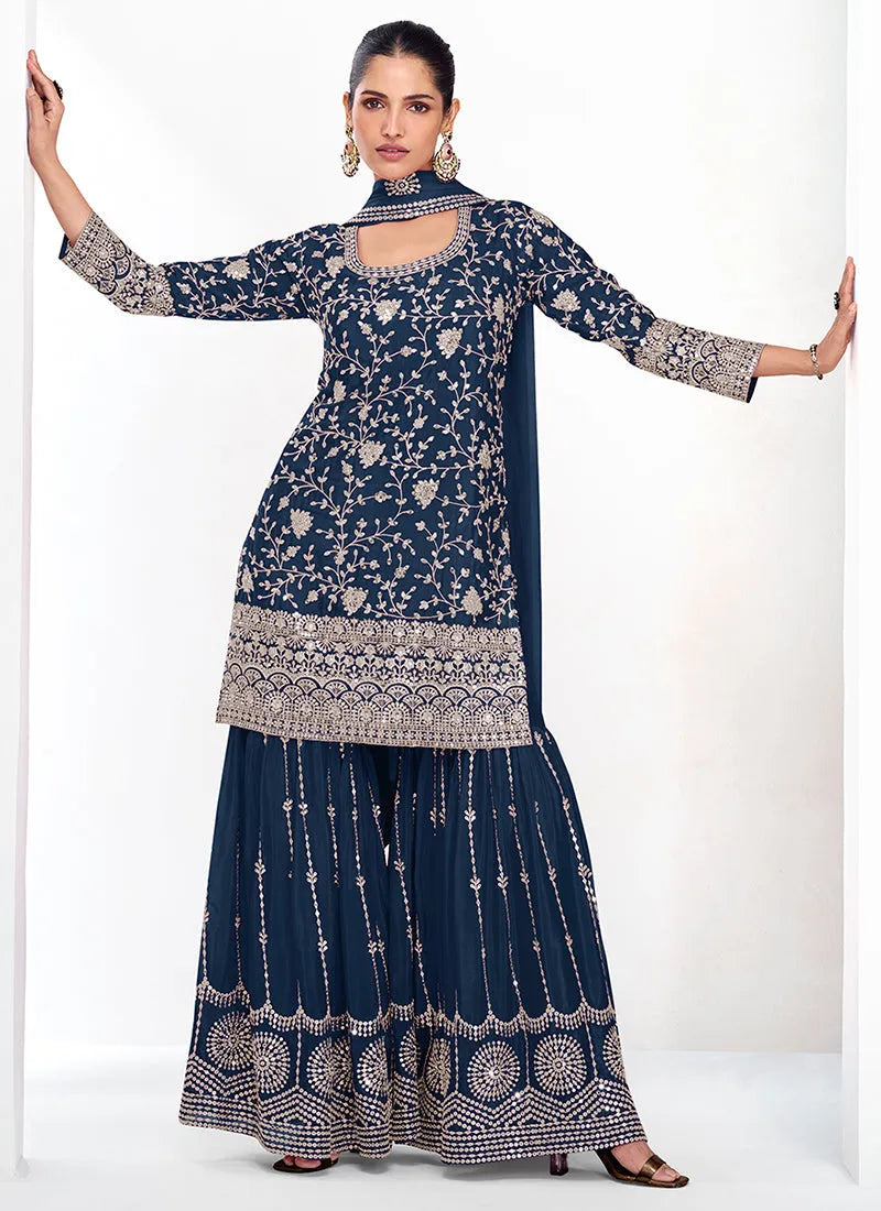 Dazzling Dark Blue Traditional Embroidered Palazzo Suit Cheap From China