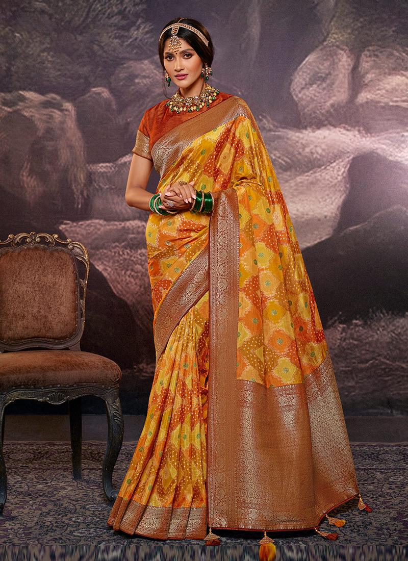 Dola Silk Weave Yellow Color Printed Saree For Cheap