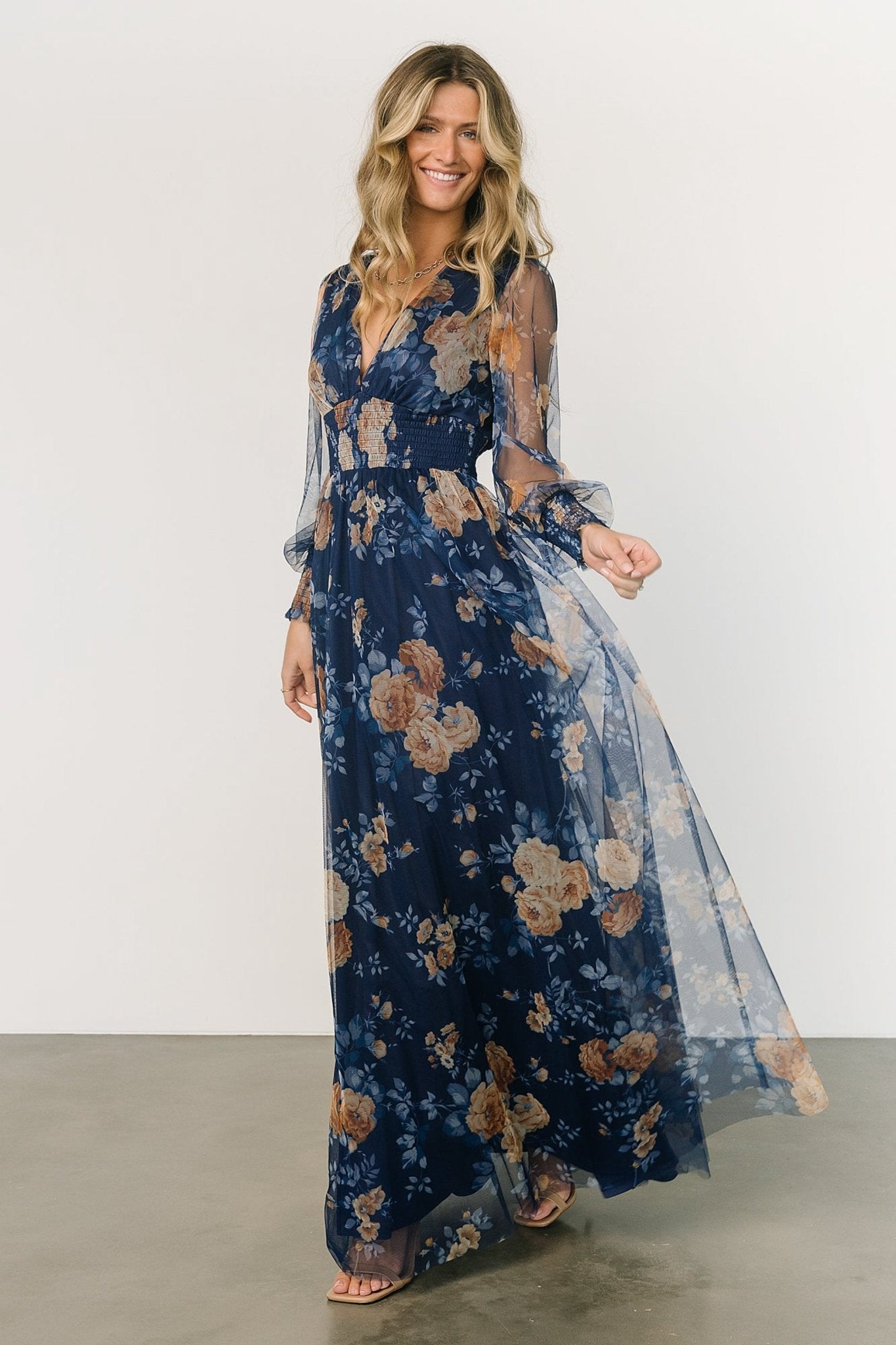 Layla Tulle Maxi Dress | Blue + Golden Floral For Sale Wholesale Pice