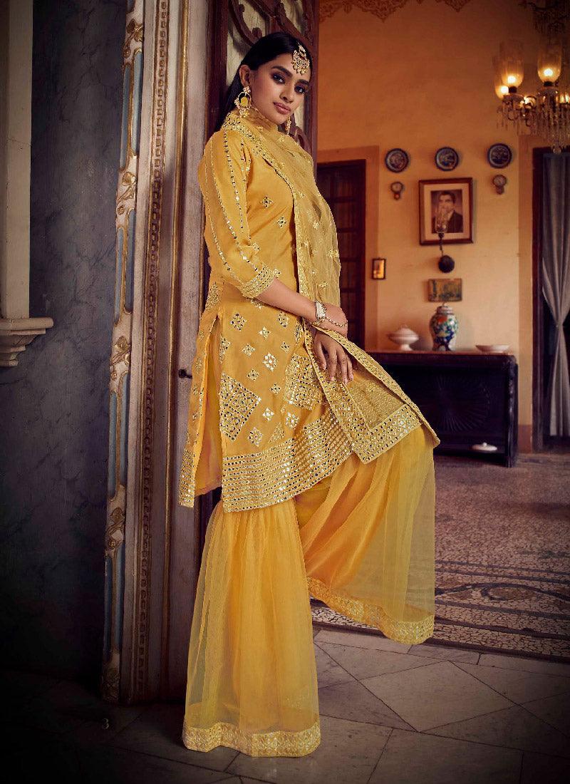 Summery Yellow Organza Heavy Work Sharara Suit Discounts