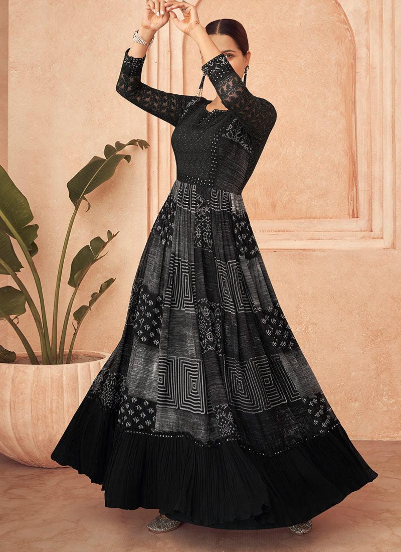 Printed Embroidered Black Crushed Anarkali Collections