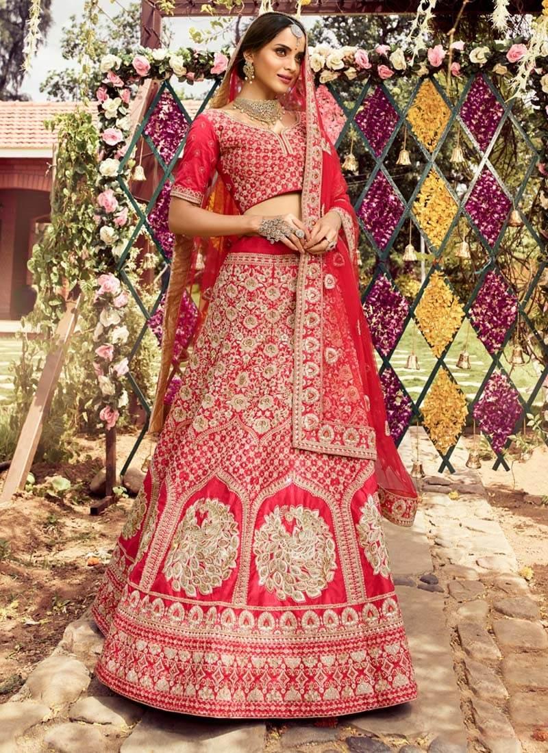 Red Color Raw Silk Fabric Lehenga Choli With Zari And Dori Work Purchase For Sale