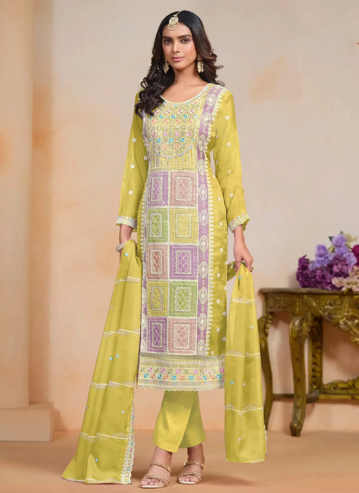 Luminous Yellow Embroidered Work Organza Salwar Kameez Outlet Marketable